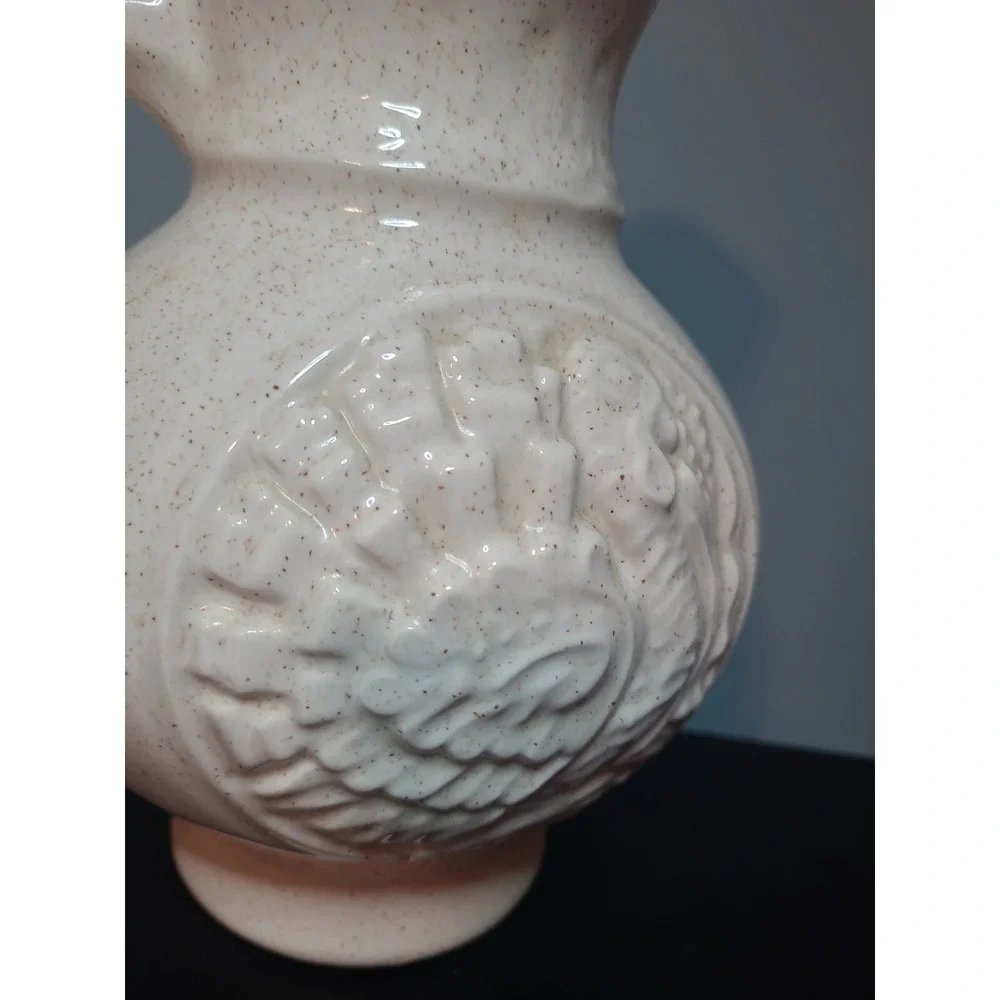 Vintage 1968 McCoy Art Pottery Speckled Cream Turkey Cameo Pattern 64oz. Pitcher